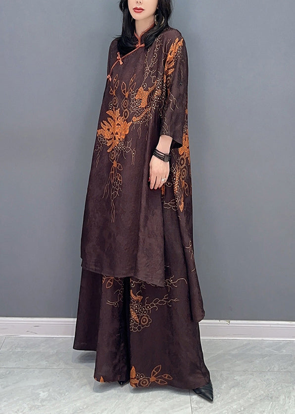 Vintage Brown Stand Collar Print Button Shirts And Wide Leg Pants Two Pieces Set Spring LC0323