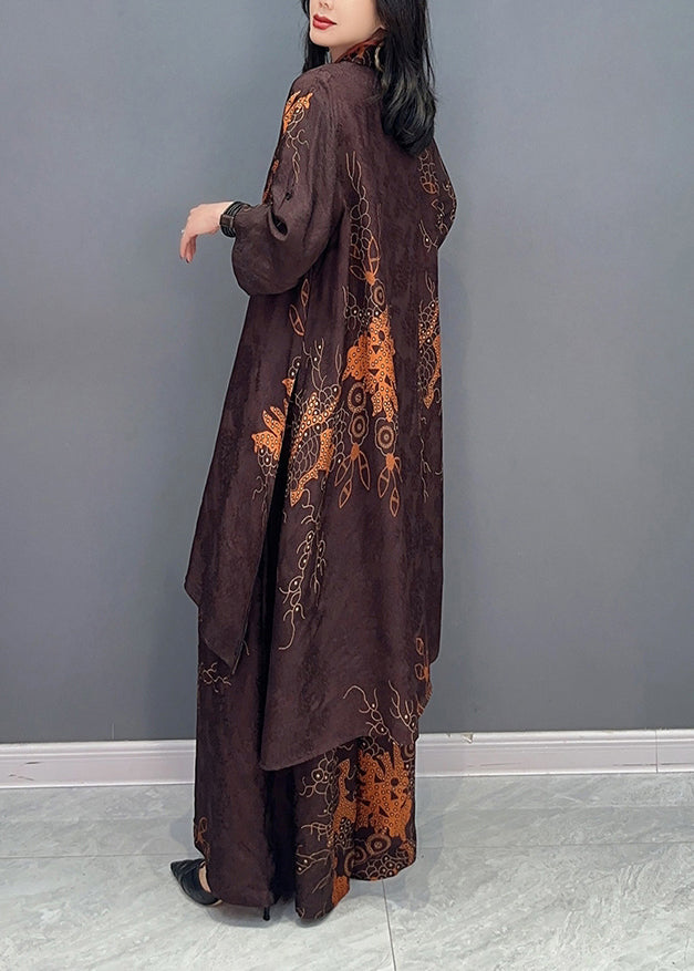 Vintage Brown Stand Collar Print Button Shirts And Wide Leg Pants Two Pieces Set Spring LC0323