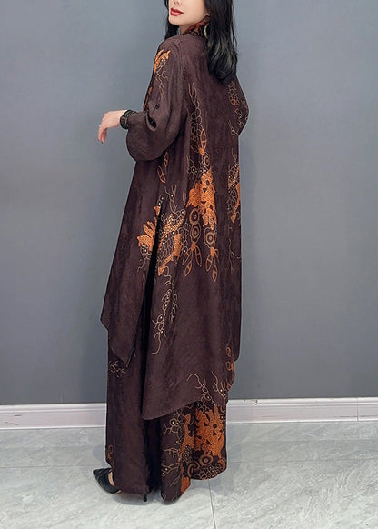 Vintage Brown Stand Collar Print Button Shirts And Wide Leg Pants Two Pieces Set Spring LC0323