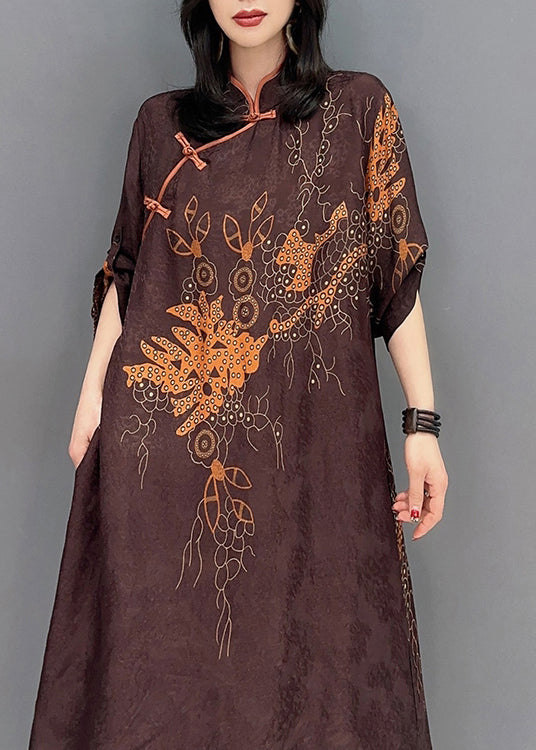 Vintage Brown Stand Collar Print Button Shirts And Wide Leg Pants Two Pieces Set Spring LC0323