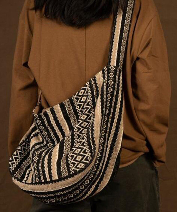 Vintage Brown Stripe Zippered Embroideried Linen Messenger Bag LY1755