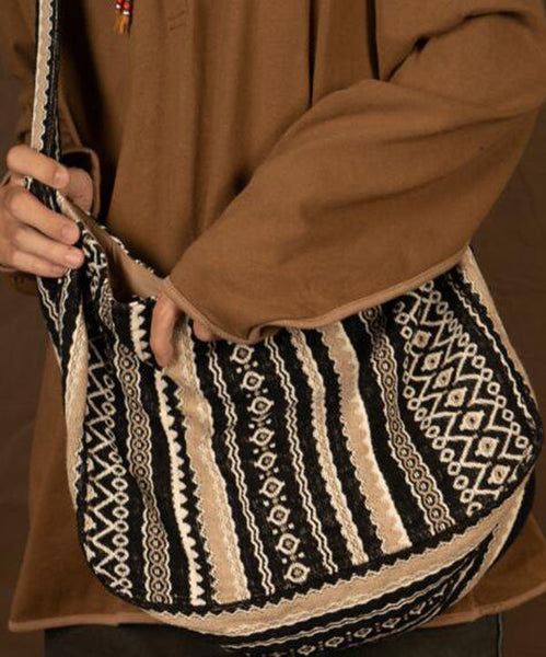 Vintage Brown Stripe Zippered Embroideried Linen Messenger Bag LY1755