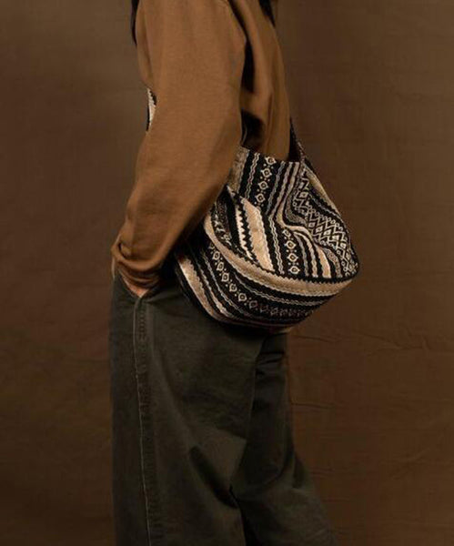 Vintage Brown Stripe Zippered Embroideried Linen Messenger Bag LY1755