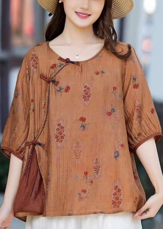 Vintage Camel O Neck Print Chinese Button Patchwork Cotton T Shirt Summer TP1022