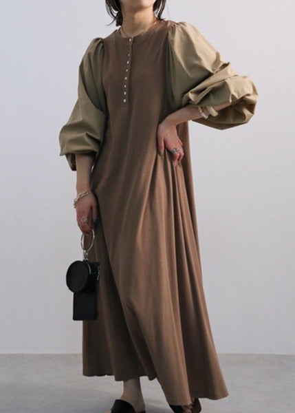 Vintage Coffee O Neck Patchwork Cotton Dress Lantern Sleeve LY1345