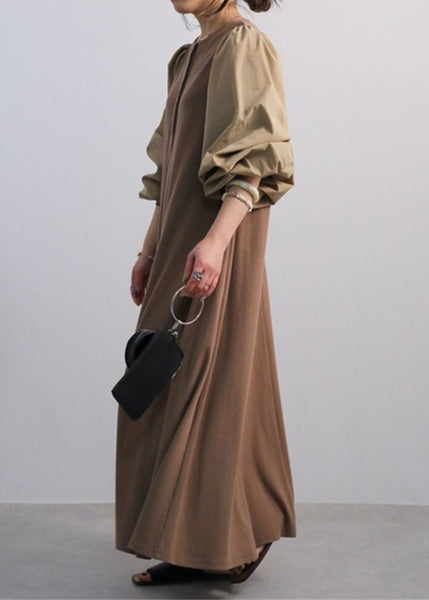 Vintage Coffee O Neck Patchwork Cotton Dress Lantern Sleeve LY1345