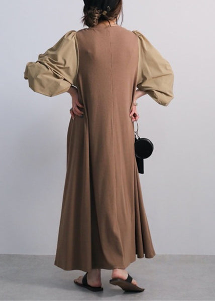 Vintage Coffee O Neck Patchwork Cotton Dress Lantern Sleeve LY1345