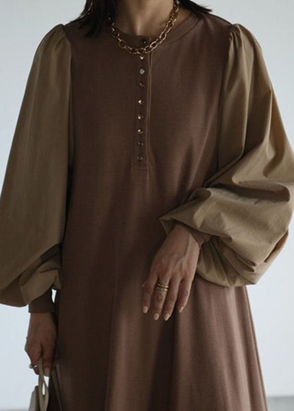 Vintage Coffee O Neck Patchwork Cotton Dress Lantern Sleeve LY1345