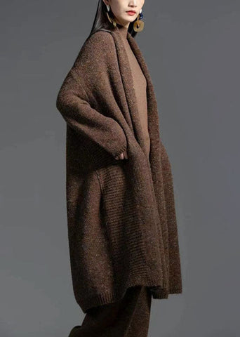 Vintage Coffee V Neck Patchwork Wool Knitting Cardigan Spring LY0011