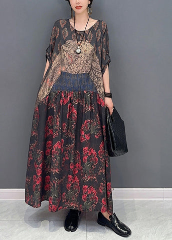 Vintage Colorblock O-Neck Patchwork Print Long Dress Bracelet Sleeve LY0562