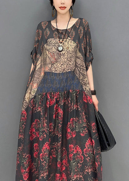 Vintage Colorblock O-Neck Patchwork Print Long Dress Bracelet Sleeve LY0562
