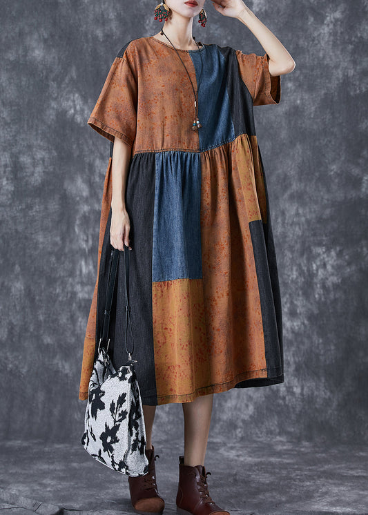Vintage Colorblock Oversized Denim Patchwork Cotton Dress Summer TD1059