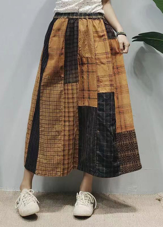 Vintage Colorblock Oversized Patchwork Plaid Linen A Line Skirts Summer TG1018