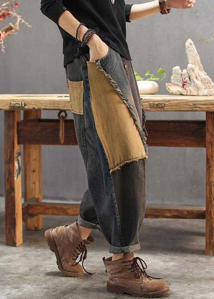 Vintage Colorblock Patchwork Elastic Waist Button Jeans TY1090