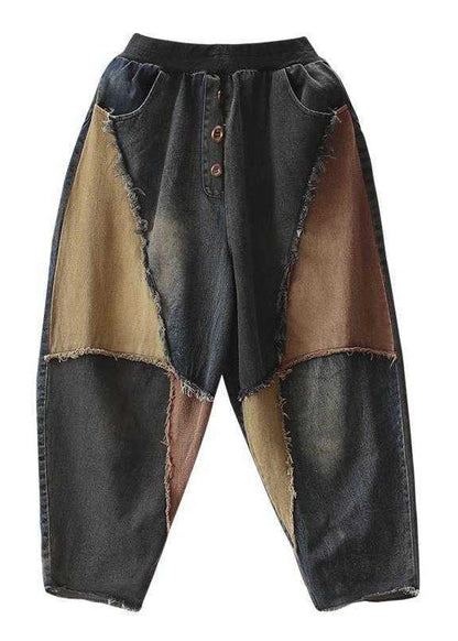 Vintage Colorblock Patchwork Elastic Waist Button Jeans TY1090
