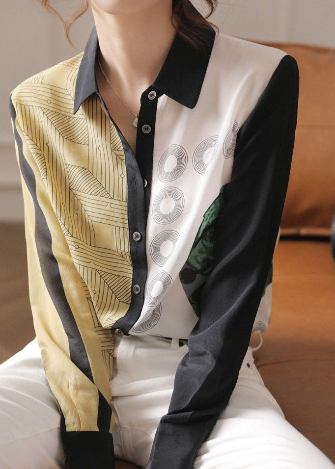 Vintage Colorblock Peter Pan Collar Button Print Silk Shirt Spring LY0401