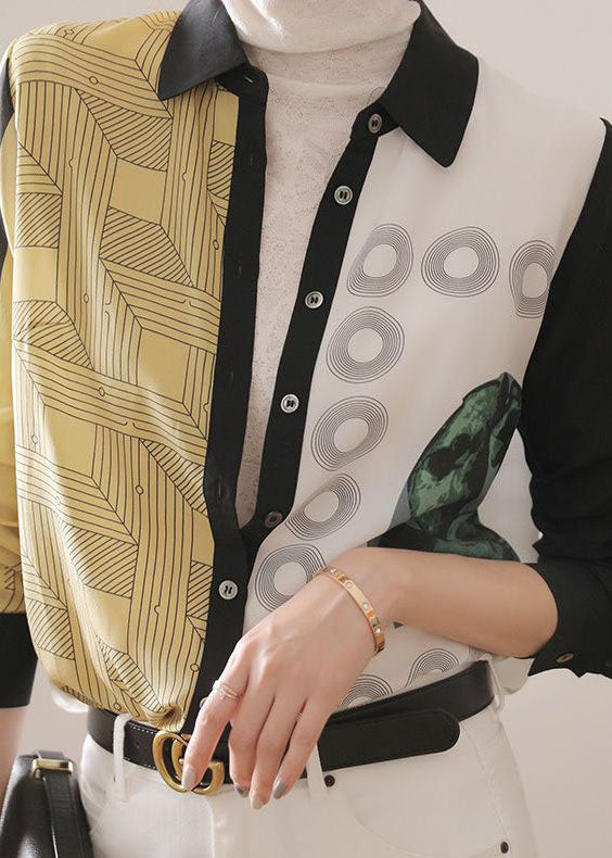 Vintage Colorblock Peter Pan Collar Button Print Silk Shirt Spring LY0401