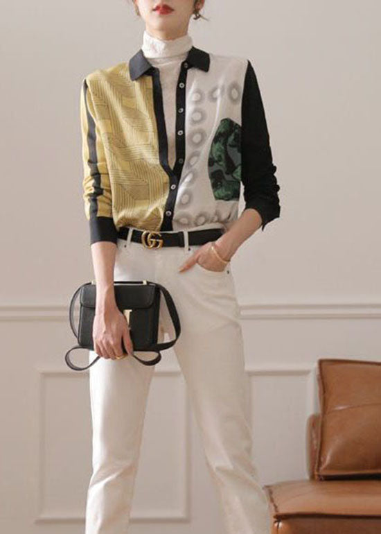 Vintage Colorblock Peter Pan Collar Button Print Silk Shirt Spring LY0401