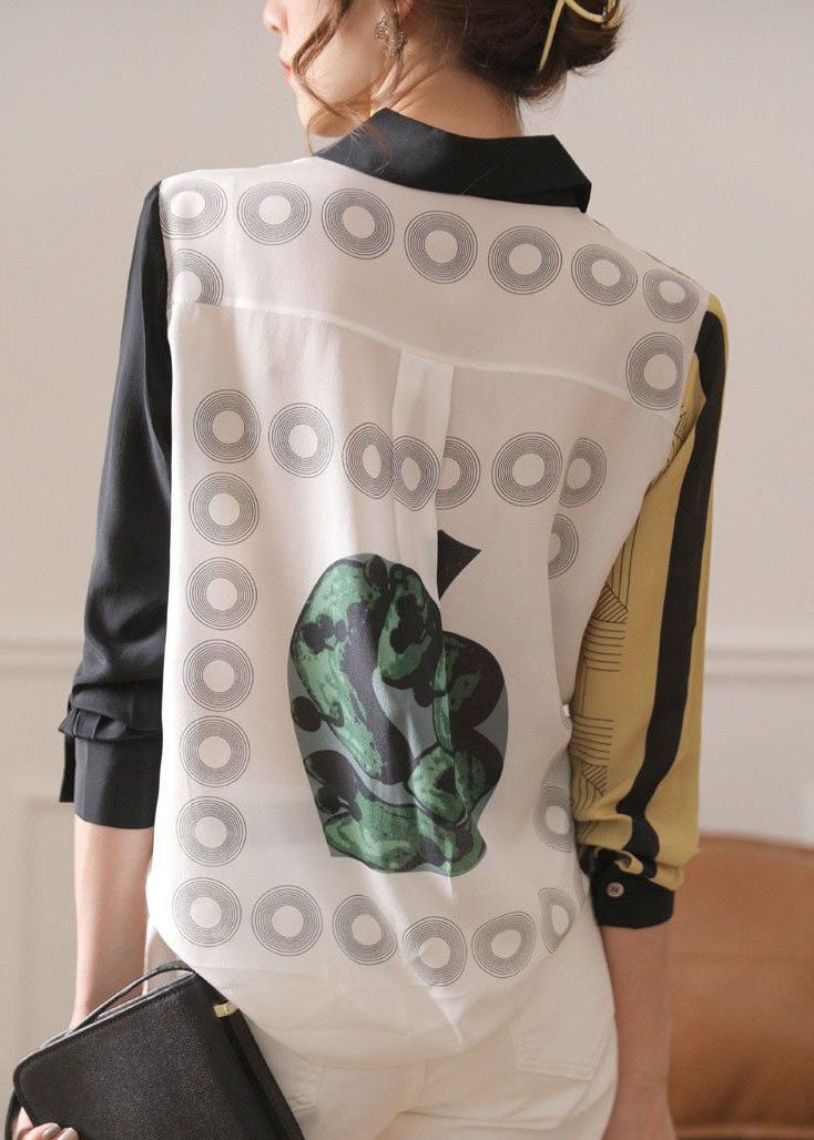Vintage Colorblock Peter Pan Collar Button Print Silk Shirt Spring LY0401