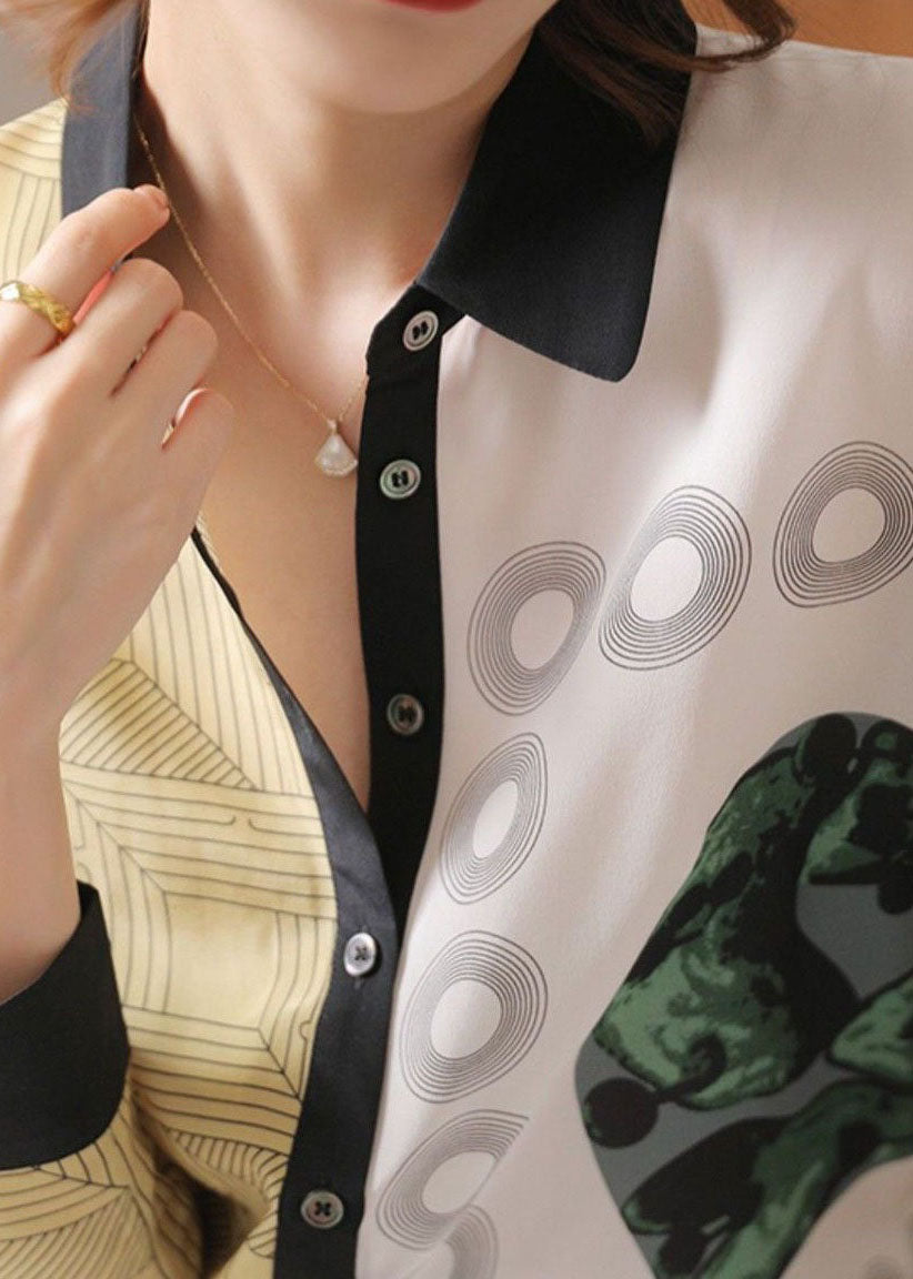 Vintage Colorblock Peter Pan Collar Button Print Silk Shirt Spring LY0401