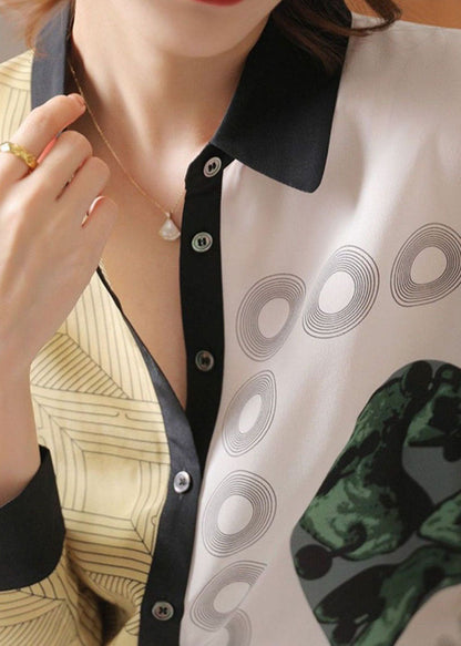 Vintage Colorblock Peter Pan Collar Button Print Silk Shirt Spring LY0401