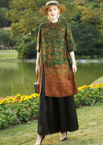 Vintage Colorblock Stand Collar Tops And Pants Silk Two Pieces Set Spring LC0216