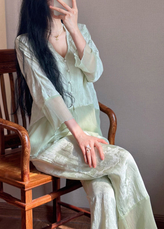 Vintage Cyan V Neck Print Button Ice Silk Pajamas Two Piece Set Long Sleeve LY1879