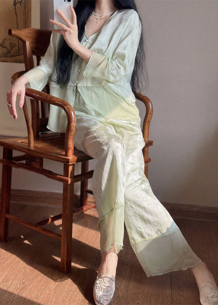 Vintage Cyan V Neck Print Button Ice Silk Pajamas Two Piece Set Long Sleeve LY1879