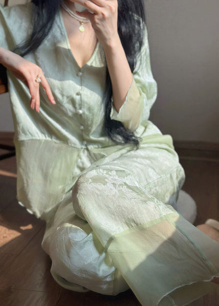 Vintage Cyan V Neck Print Button Ice Silk Pajamas Two Piece Set Long Sleeve LY1879