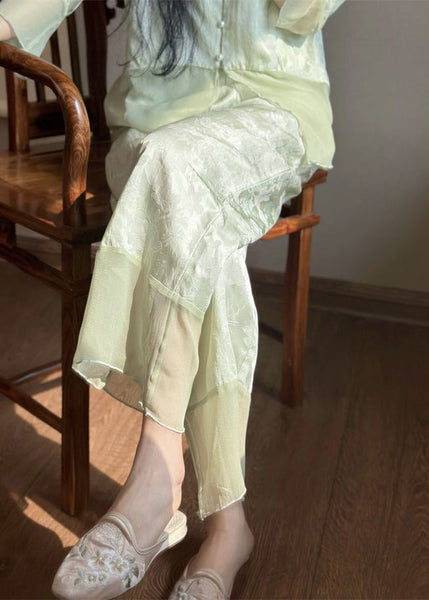 Vintage Cyan V Neck Print Button Ice Silk Pajamas Two Piece Set Long Sleeve LY1879