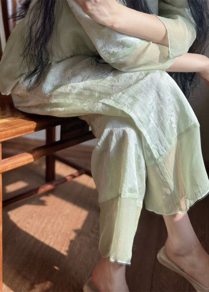 Vintage Cyan V Neck Print Button Ice Silk Pajamas Two Piece Set Long Sleeve LY1879