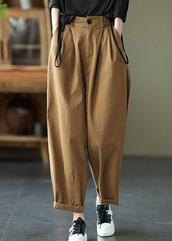 Vintage Dark Khaki Pockets Patchwork Cotton Pants Summer LY0624