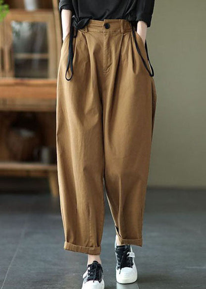 Vintage Dark Khaki Pockets Patchwork Cotton Pants Summer LY0624