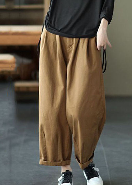 Vintage Dark Khaki Pockets Patchwork Cotton Pants Summer LY0624
