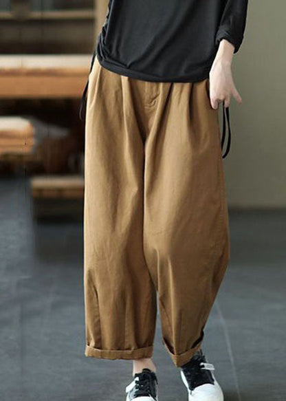 Vintage Dark Khaki Pockets Patchwork Cotton Pants Summer LY0624