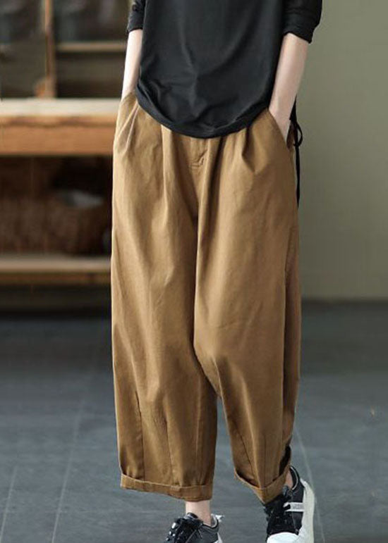 Vintage Dark Khaki Pockets Patchwork Cotton Pants Summer LY0624