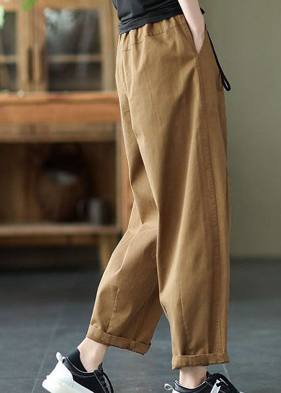 Vintage Dark Khaki Pockets Patchwork Cotton Pants Summer LY0624