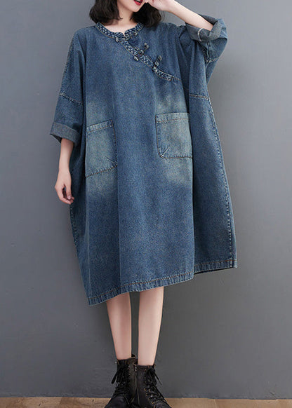 Vintage Denim Blue O-Neck Patchwork Button Long Dress Long Sleeve AC2017