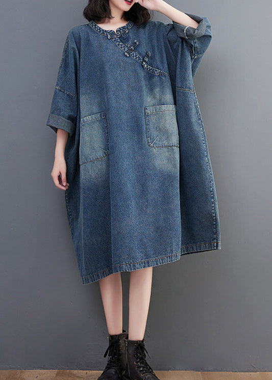 Vintage Denim Blue O-Neck Patchwork Button Long Dress Long Sleeve AC2017