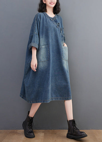 Vintage Denim Blue O-Neck Patchwork Button Long Dress Long Sleeve AC2017