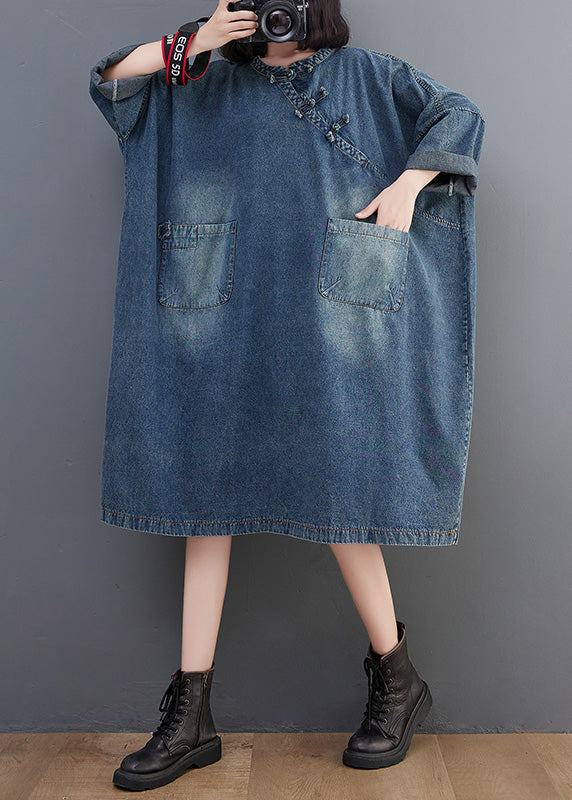 Vintage Denim Blue O-Neck Patchwork Button Long Dress Long Sleeve AC2017