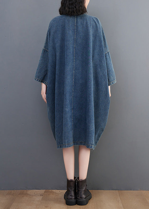 Vintage Denim Blue O-Neck Patchwork Button Long Dress Long Sleeve AC2017