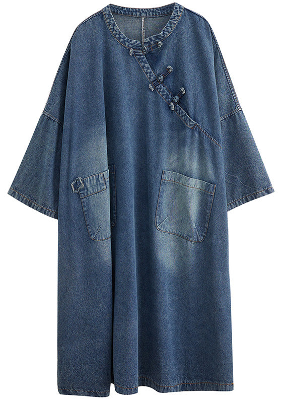 Vintage Denim Blue O-Neck Patchwork Button Long Dress Long Sleeve AC2017