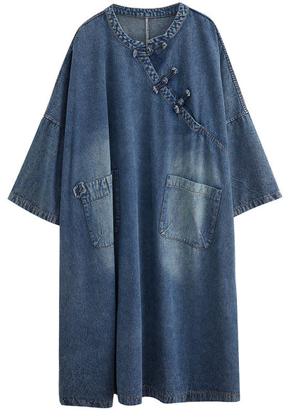 Vintage Denim Blue O-Neck Patchwork Button Long Dress Long Sleeve AC2017