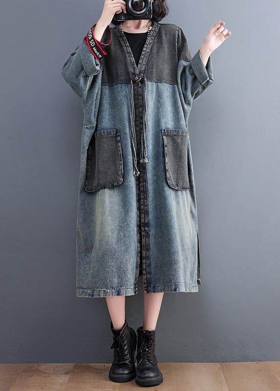 Vintage Denim Blue V Neck Patchwork Trench Coat Spring AC2069