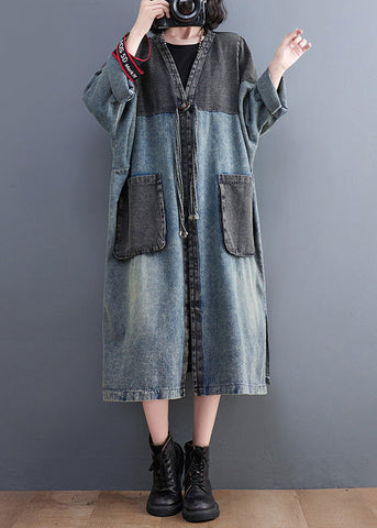 Vintage Denim Blue V Neck Patchwork Trench Coat Spring LY0645