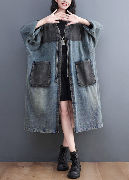 Vintage Denim Blue V Neck Patchwork Trench Coat Spring LY0645
