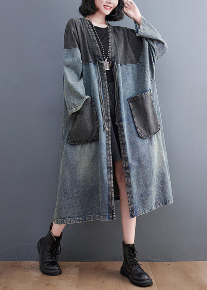 Vintage Denim Blue V Neck Patchwork Trench Coat Spring LY0645