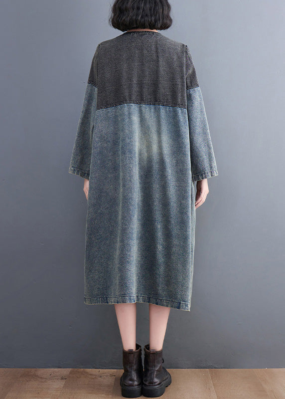 Vintage Denim Blue V Neck Patchwork Trench Coat Spring AC2069