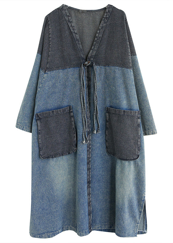 Vintage Denim Blue V Neck Patchwork Trench Coat Spring AC2069